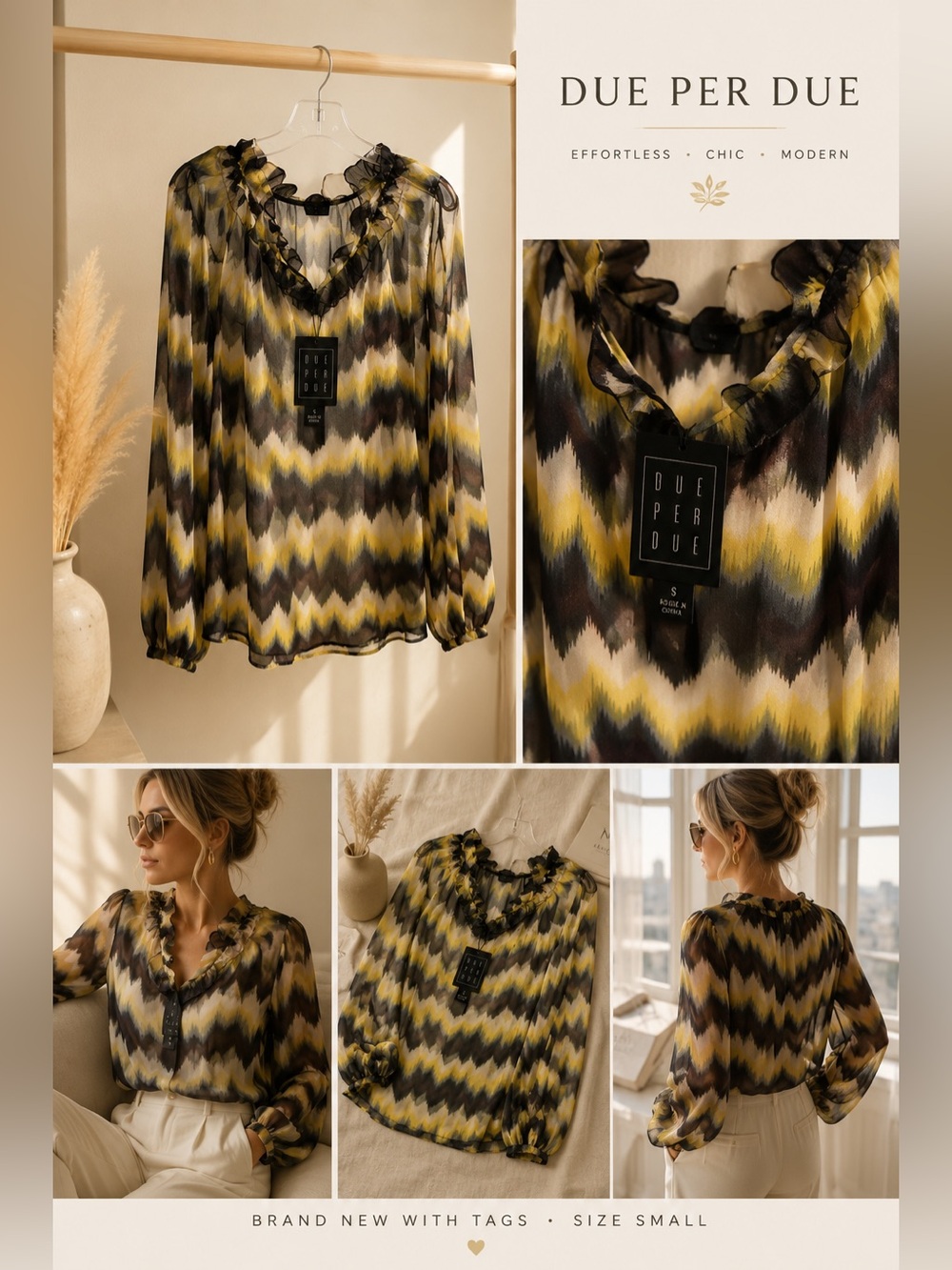 Due Per Due Yellow Chevron Ruffle V-Neck Blouse